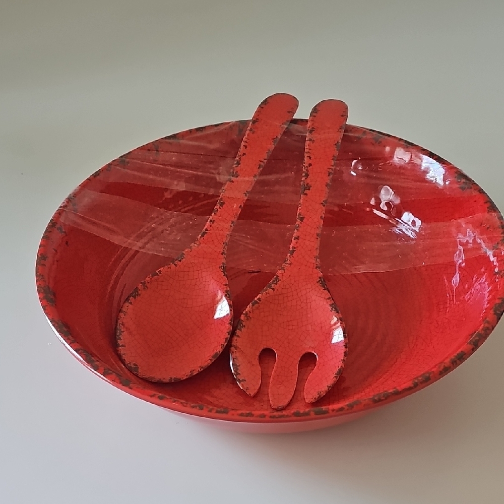 Red Serving Bowl with Utensils